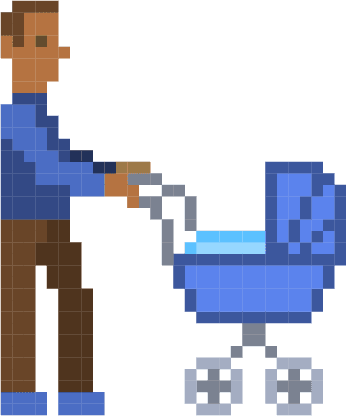 Pixel drawing of a man pushing a stroller