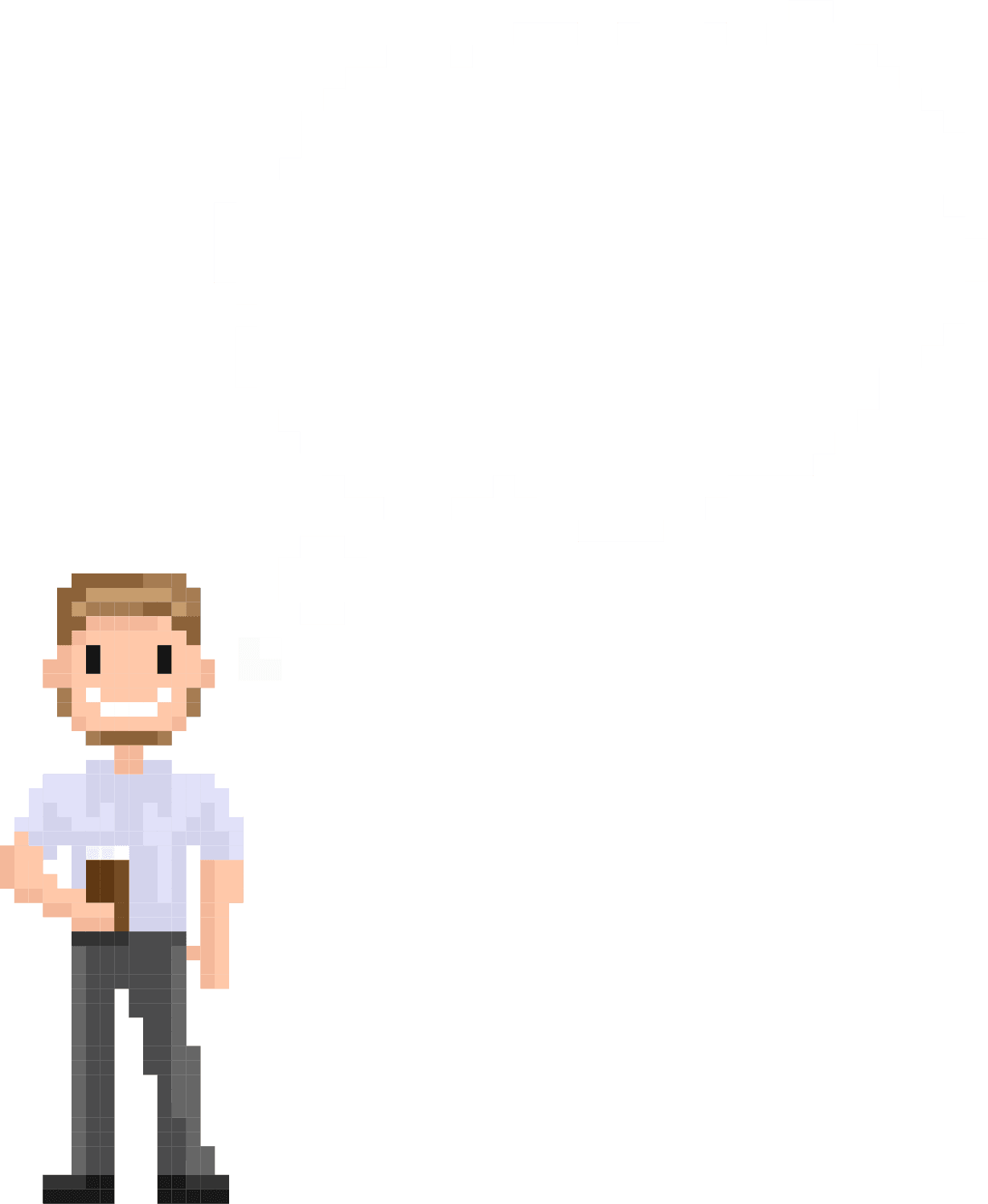 Pixel drawing of a man with a thought bubble